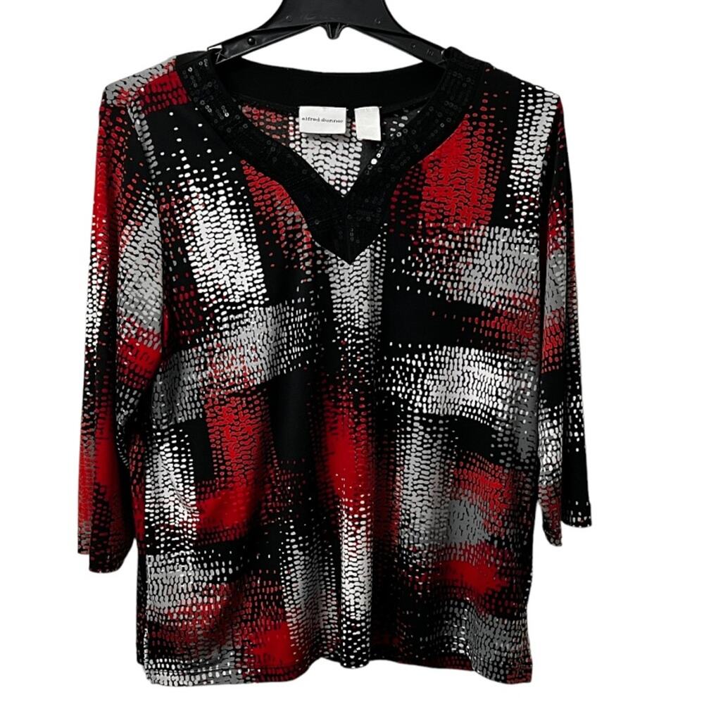 Alfred Dunner Red & Black 3/4 Sleeve Sequined Shirt Size L Top Blouse